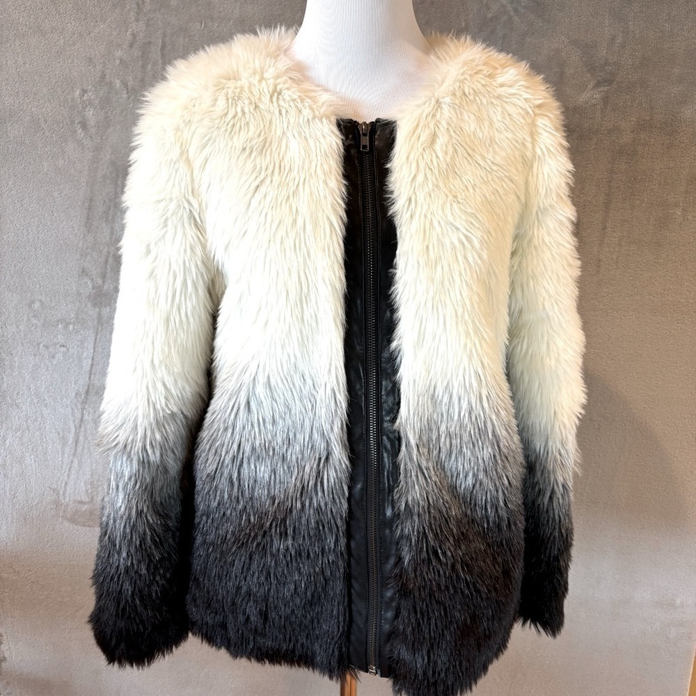 Faux Fur White Fade into Black Jacket Sz XS MobWife Cruella Glam